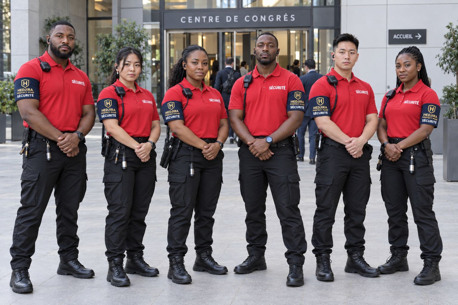 Équipe de six agents Hedjira Protect Plus devant un centre de congrès