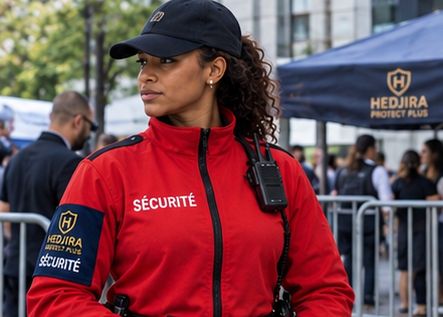 Agente de sécurité événementielle devant des barrières