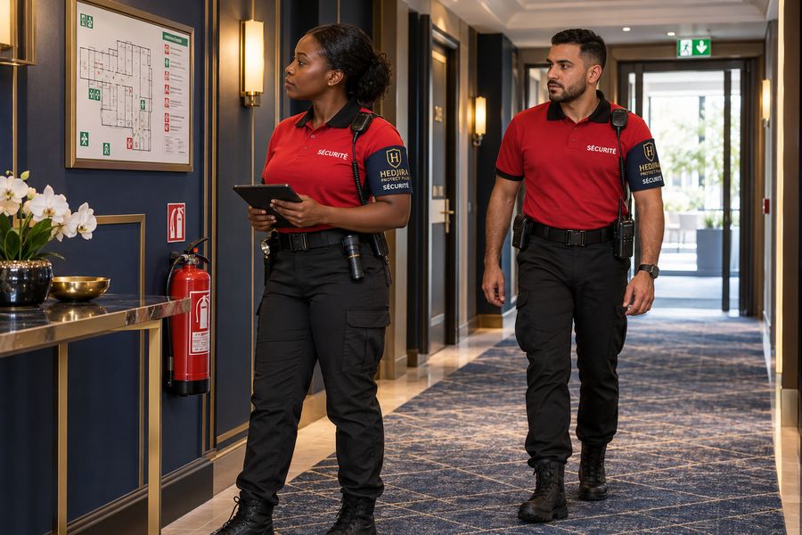 Deux agents en ronde dans le couloir d'un hôtel