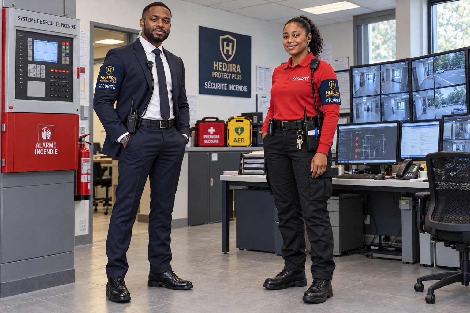 Agents Hedjira Protect Plus, en costume et en tenue, au poste central de sécurité
