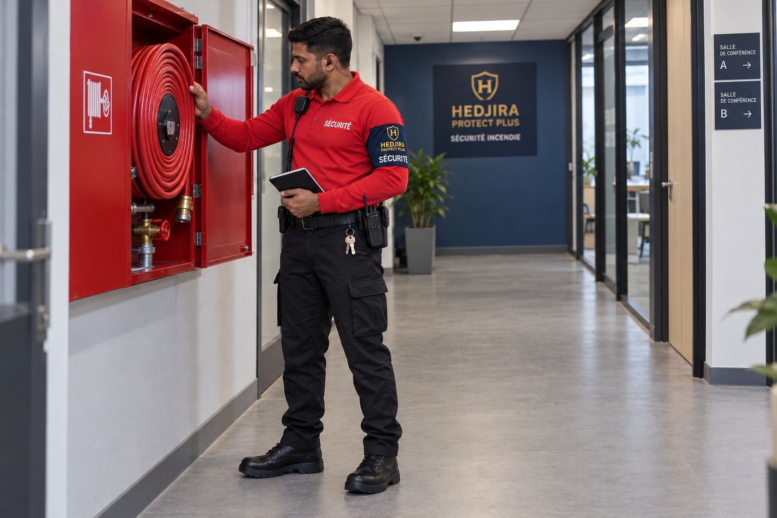 Agent SSIAP Hedjira Protect Plus contrôlant un robinet d'incendie armé dans un couloir de bureaux