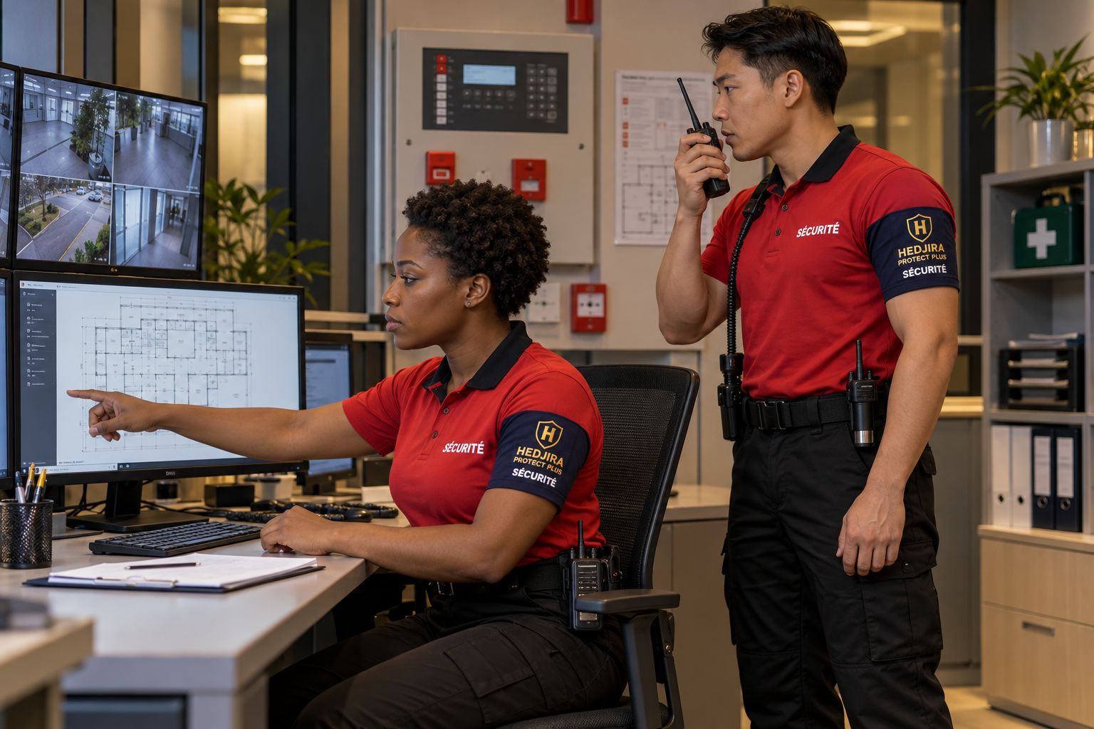 Agents Hedjira Protect Plus au poste central de sécurité, devant les écrans de vidéosurveillance